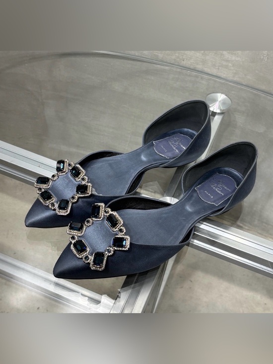 Roger Vivier Shoes - Roger Vivier Navy Satin Pointed D'Orsay Flats with Crystal Buckle